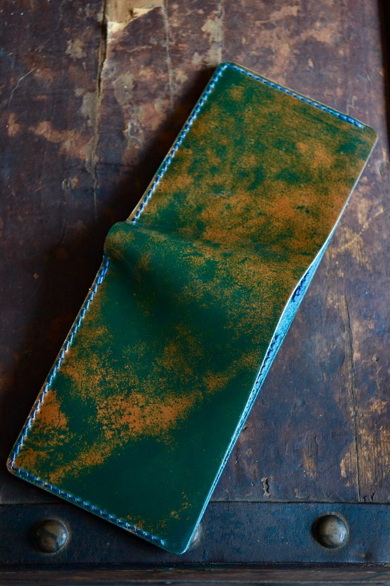 Hand-dyed green marbled vertical bifold wallet